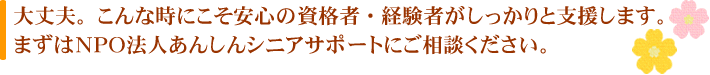 大丈夫。こんな時にこそ安心の資格者・経験者がしっかりと支援します。まずはNPO法人あんしんシニアサポートにご相談ください。